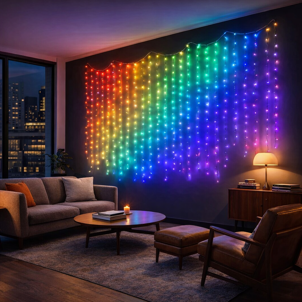 led fairy lights multicolor draped across modern living room wall