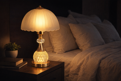 crystal bedside lamp glowing warm on nightstand in modern bedroom with cozy ambient lighting