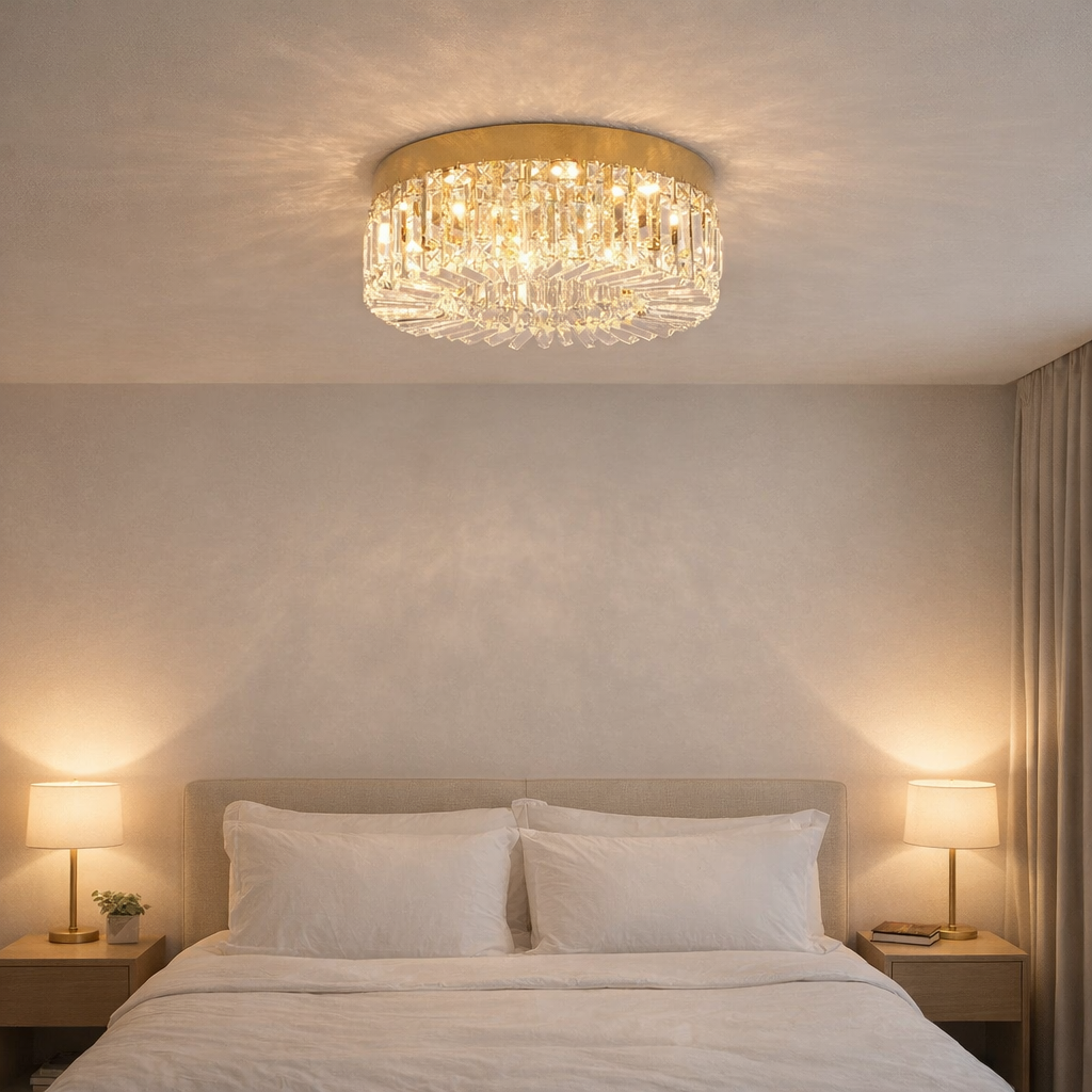 crystal ceiling lamp in modern bedroom with warm ambient lighting