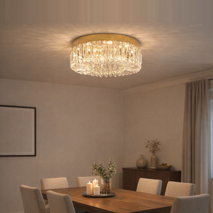 crystal light fixture in elegant dining room with subtle warm glow