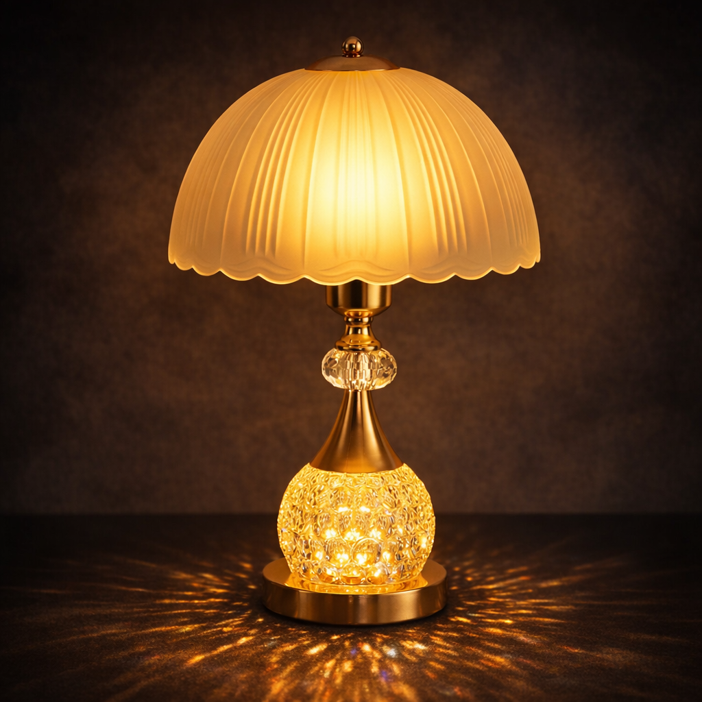 dimmable crystal lamp showing dual illumination with frosted shade and crystal base both glowing warm
