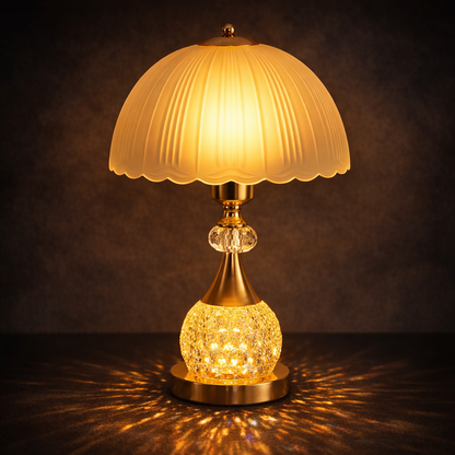 dimmable crystal lamp showing dual illumination with frosted shade and crystal base both glowing warm