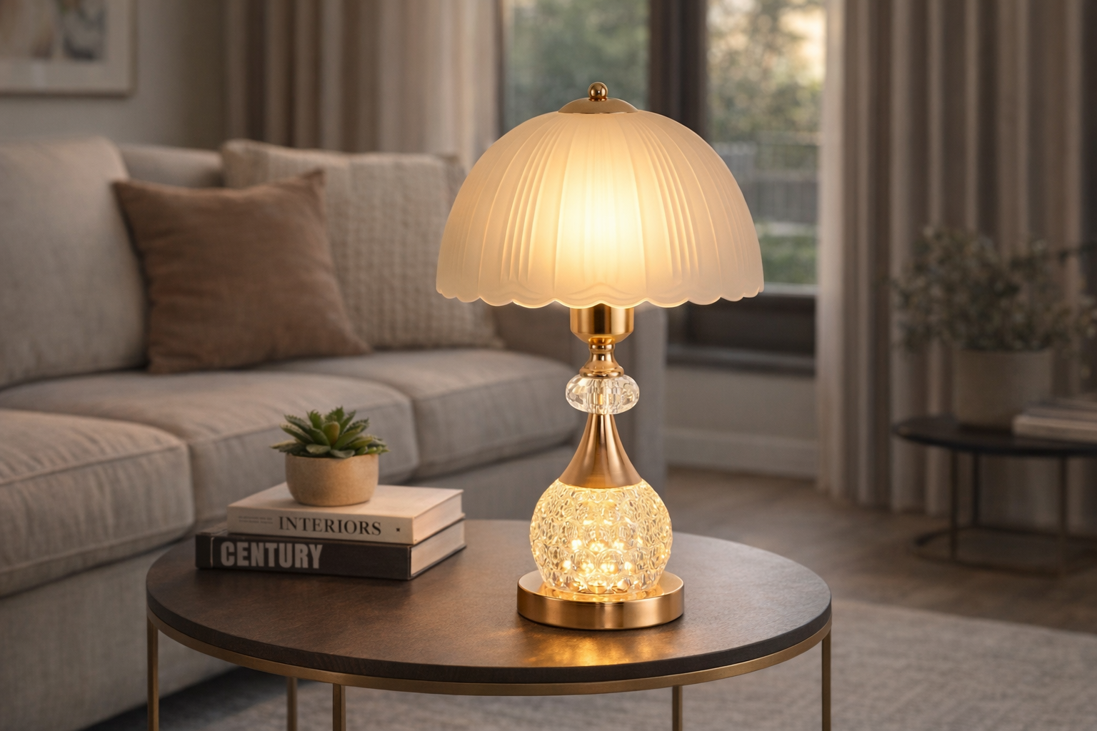 modern crystal lamp on side table in contemporary living room with warm ambient glow