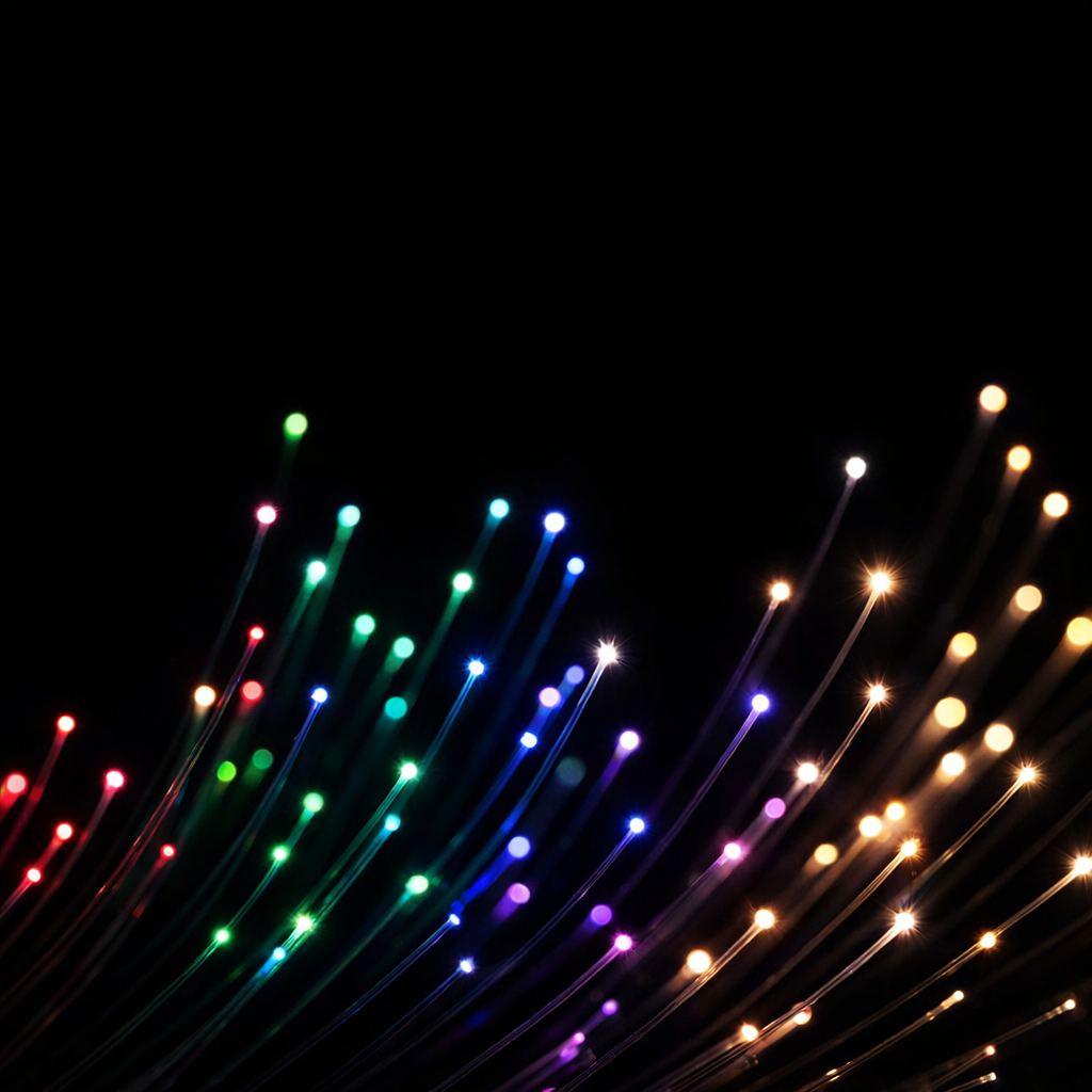 fiber optic light strands glowing in rainbow colors close-up macro shot