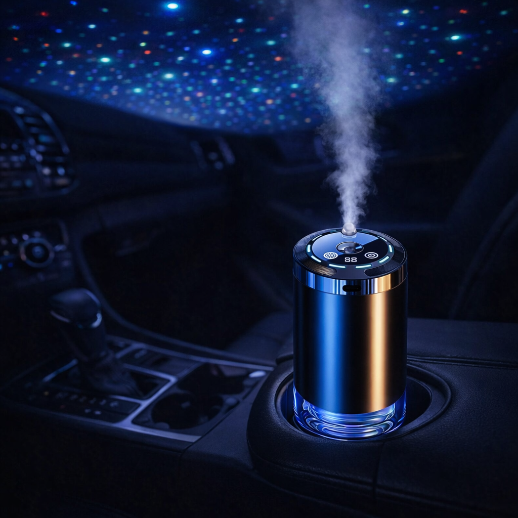 smart car diffuser with mist and starlight ceiling projection in car cupholder at night