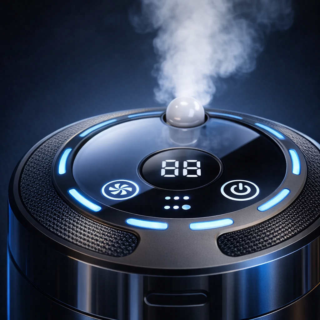 smart car diffuser digital display and mist nozzle closeup