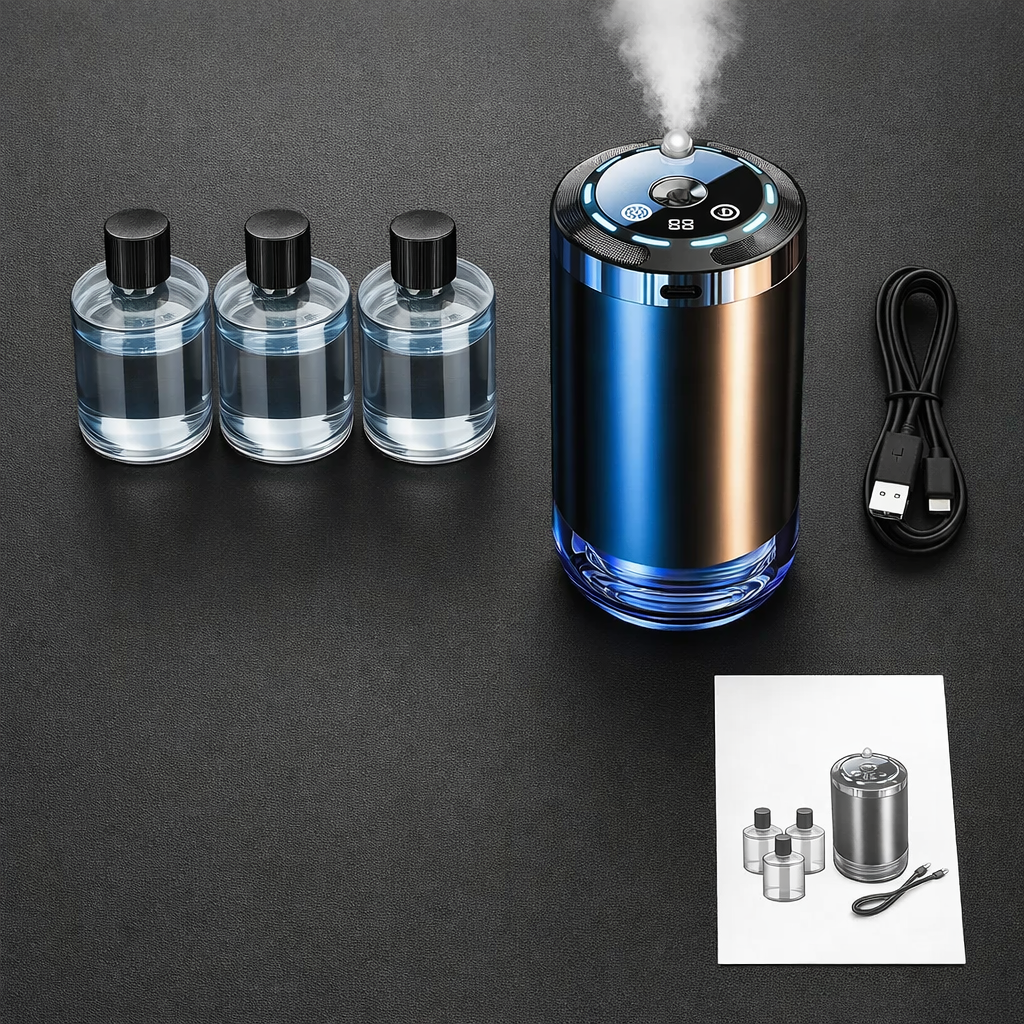 car air freshener diffuser unboxing with USB cable and refill bottles