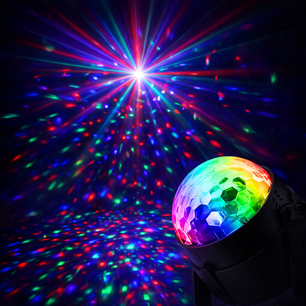 disco ball light projecting vibrant RGB colors in dark room