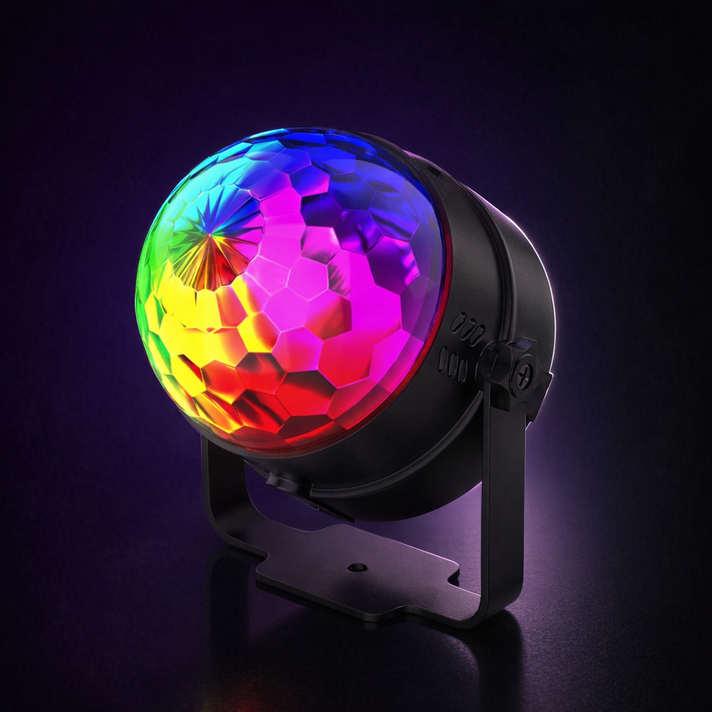 disco ball light RGB LED on dark background with colorful light projection