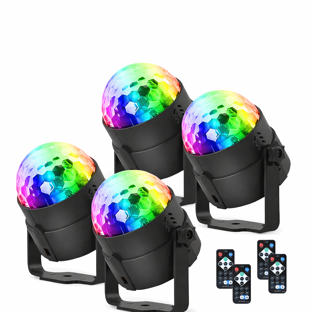 disco ball light 4-pack showing all four units with remote controls included