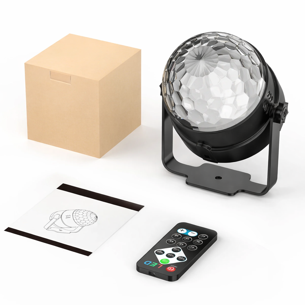 disco ball light bulb package contents with remote control and box