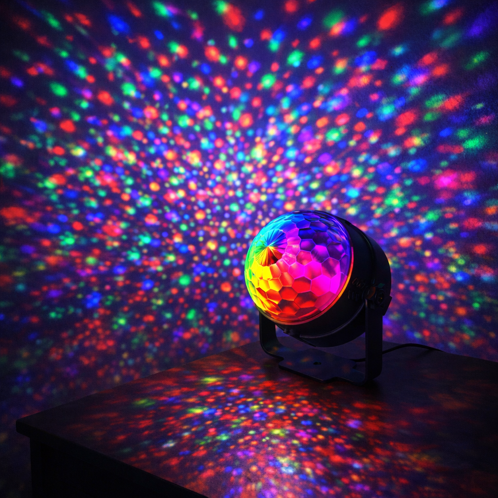 disco ball light fixture projecting RGB colors in dark room