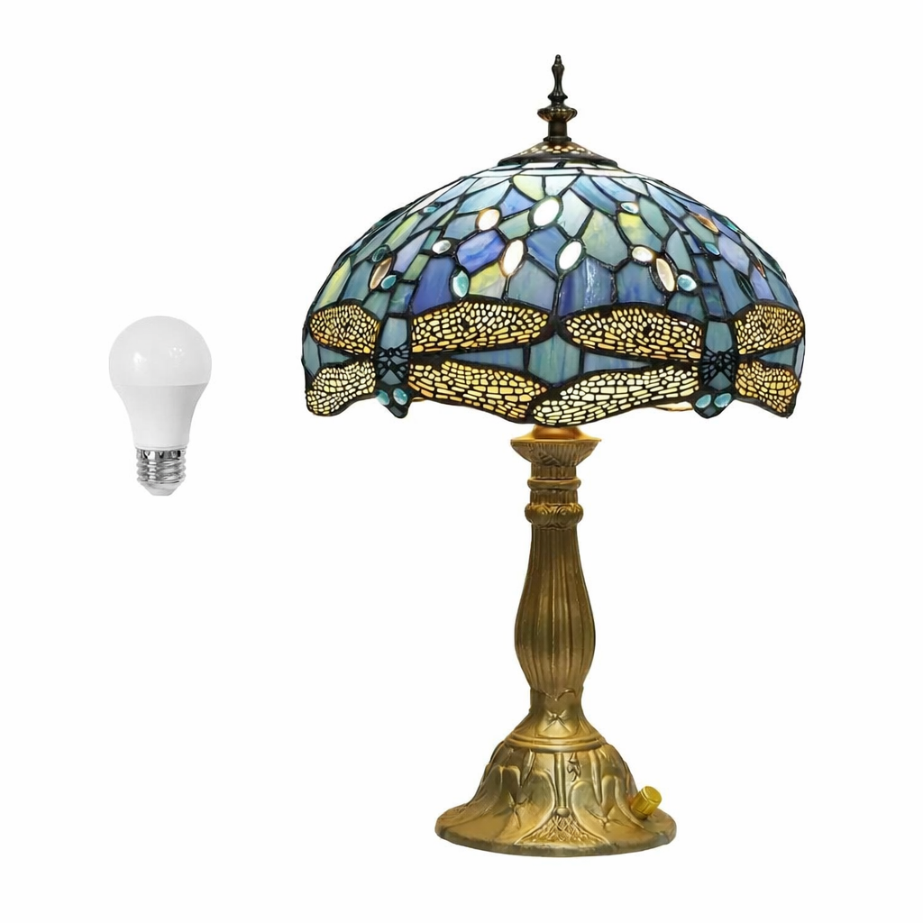 dragonfly stained glass lamp shade with LED bulb on white background