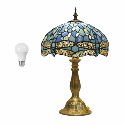 dragonfly stained glass lamp shade with LED bulb on white background