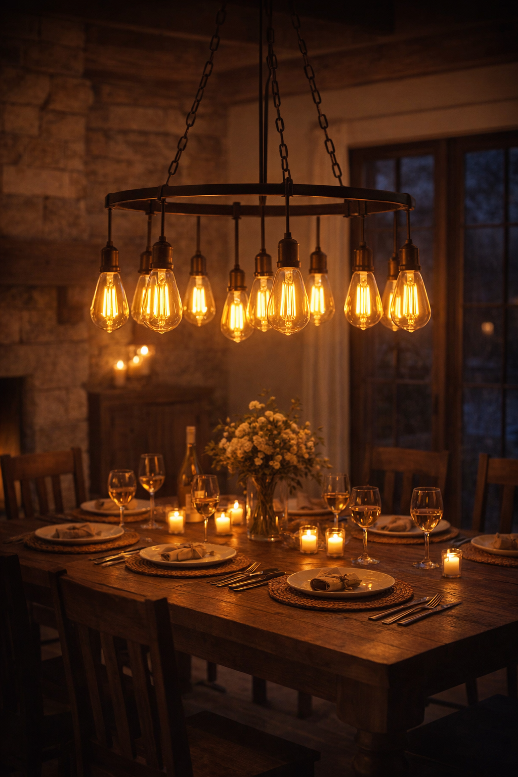 decorative edison light bulbs in rustic dining room chandelier