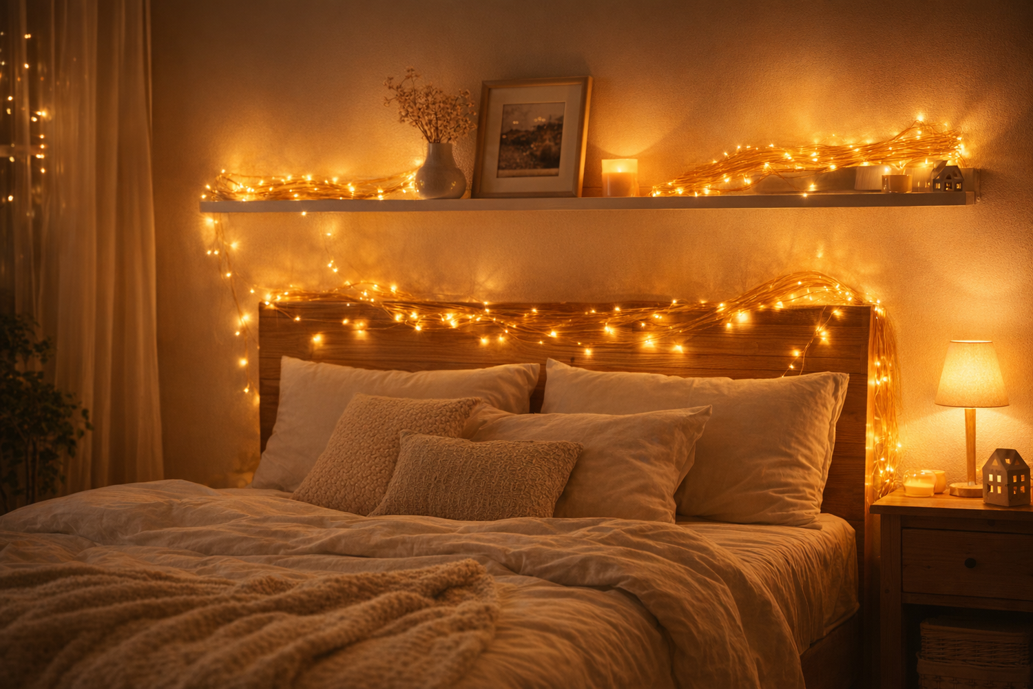 fairy lights battery operated creating cozy bedroom ambiance with warm glow