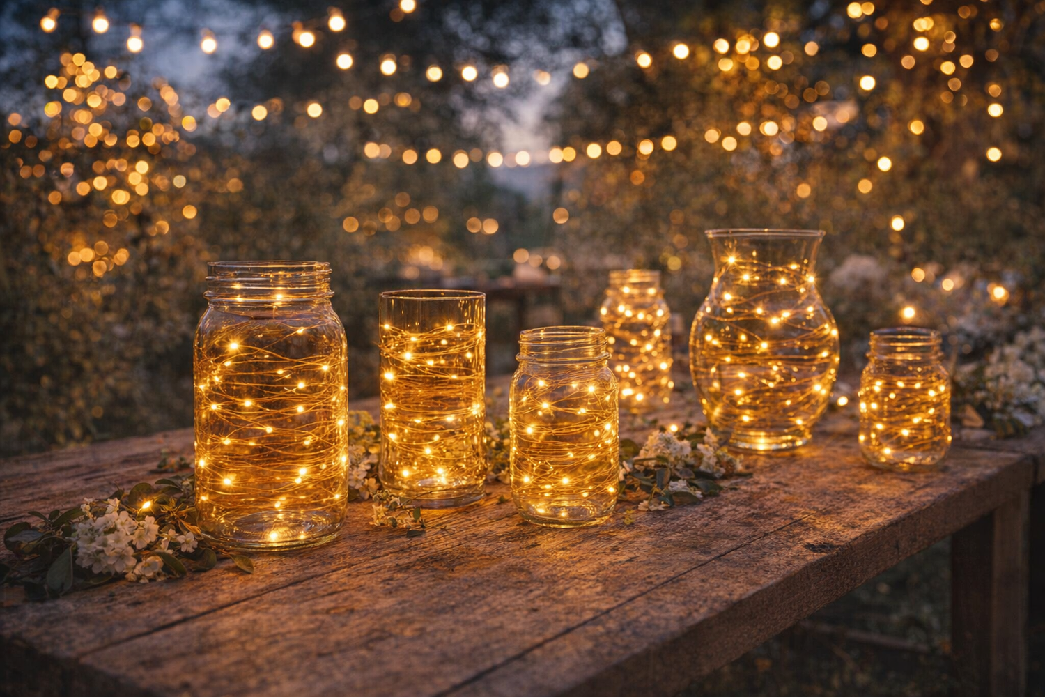 led fairy lights wrapped around mason jars at outdoor garden party