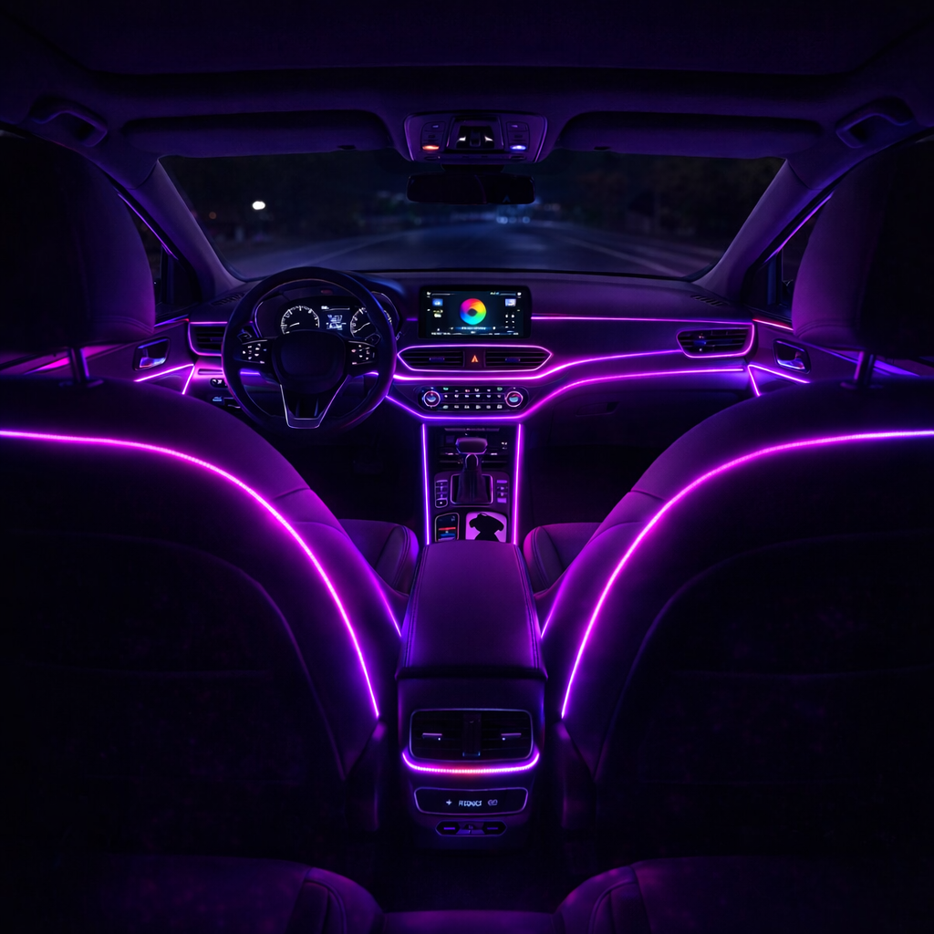 Car interior LED lights with purple and magenta music sync glow illuminating dashboard