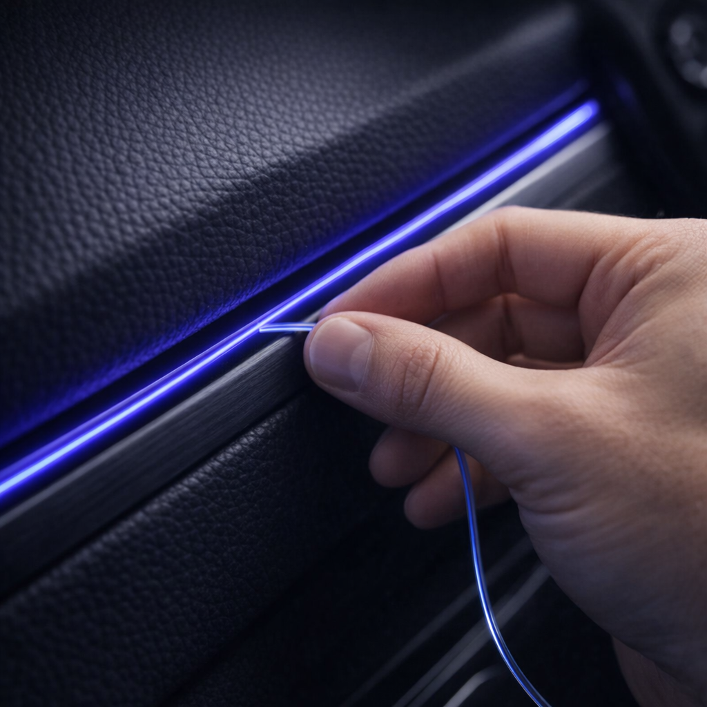 Hand tucking fiber optic LED strip into car dashboard trim showing easy plug and play installation