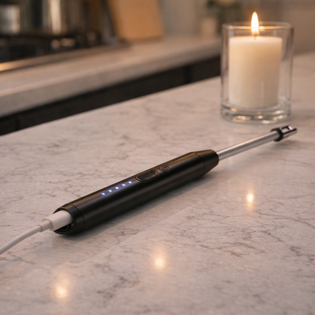 rechargeable candle lighter USB-C charging on marble counter