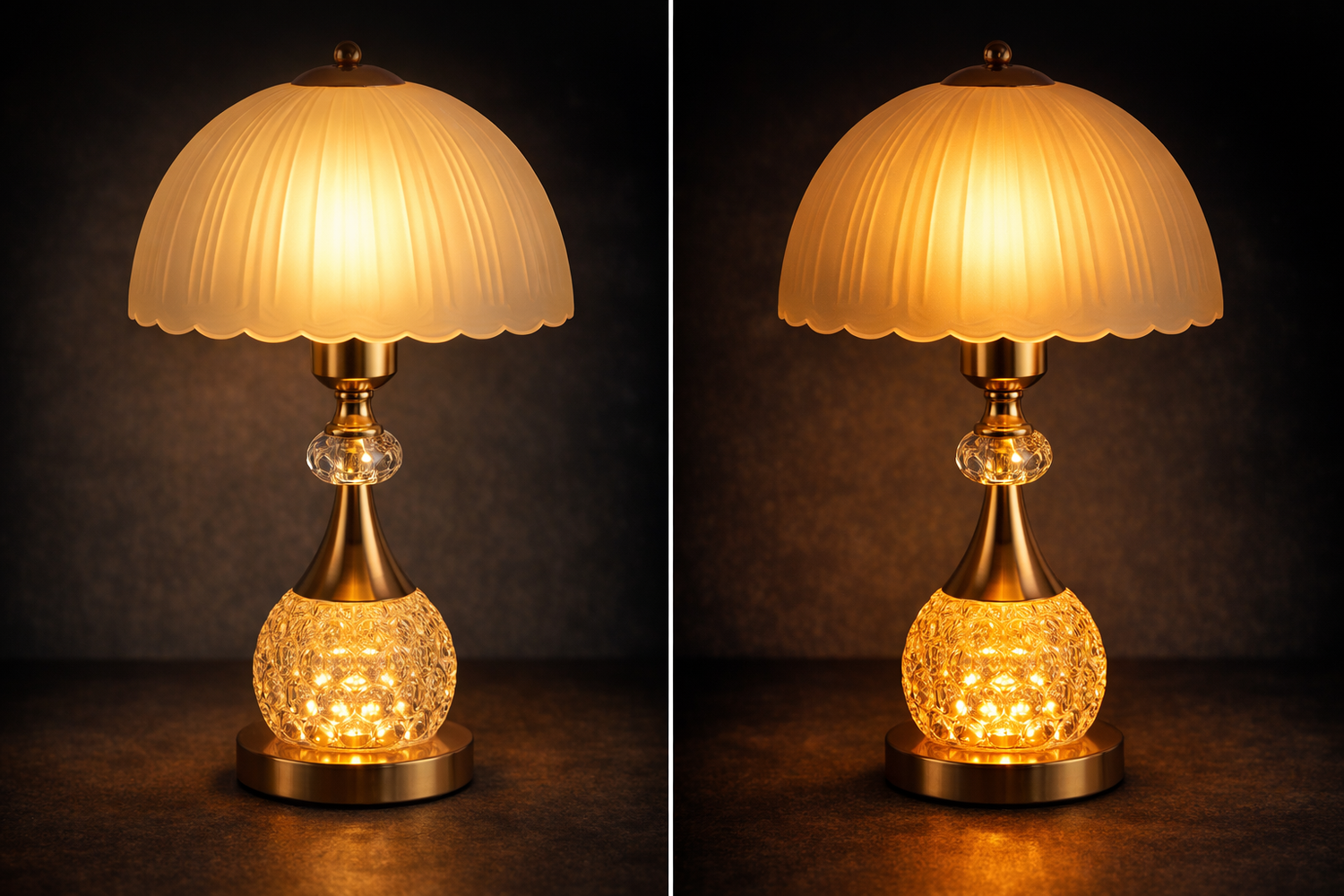 crystal table lamp dual glow design showing frosted shade and crystal base illuminated