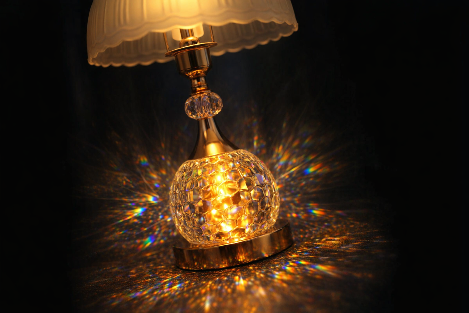 crystal lamp prismatic light patterns from honeycomb crystal globe base
