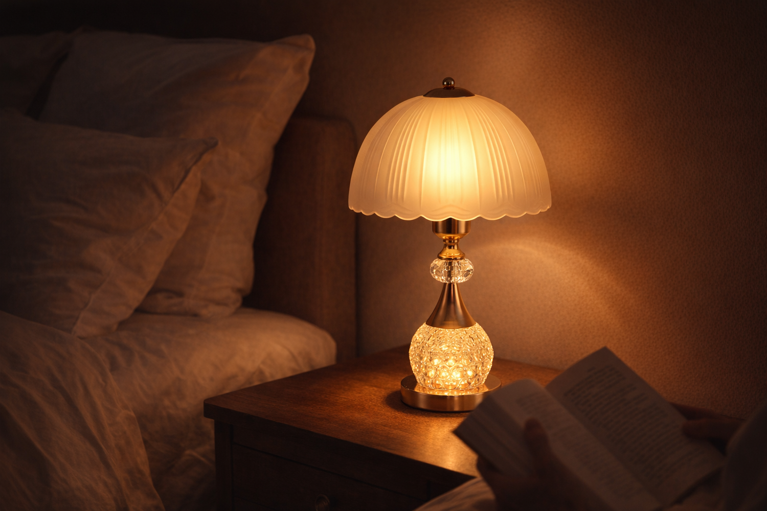 dimmable crystal bedside lamp warm nightlight glow on nightstand for cozy bedroom ambiance