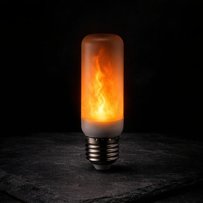 light flame bulb glowing with warm amber flame effect on dark slate surface