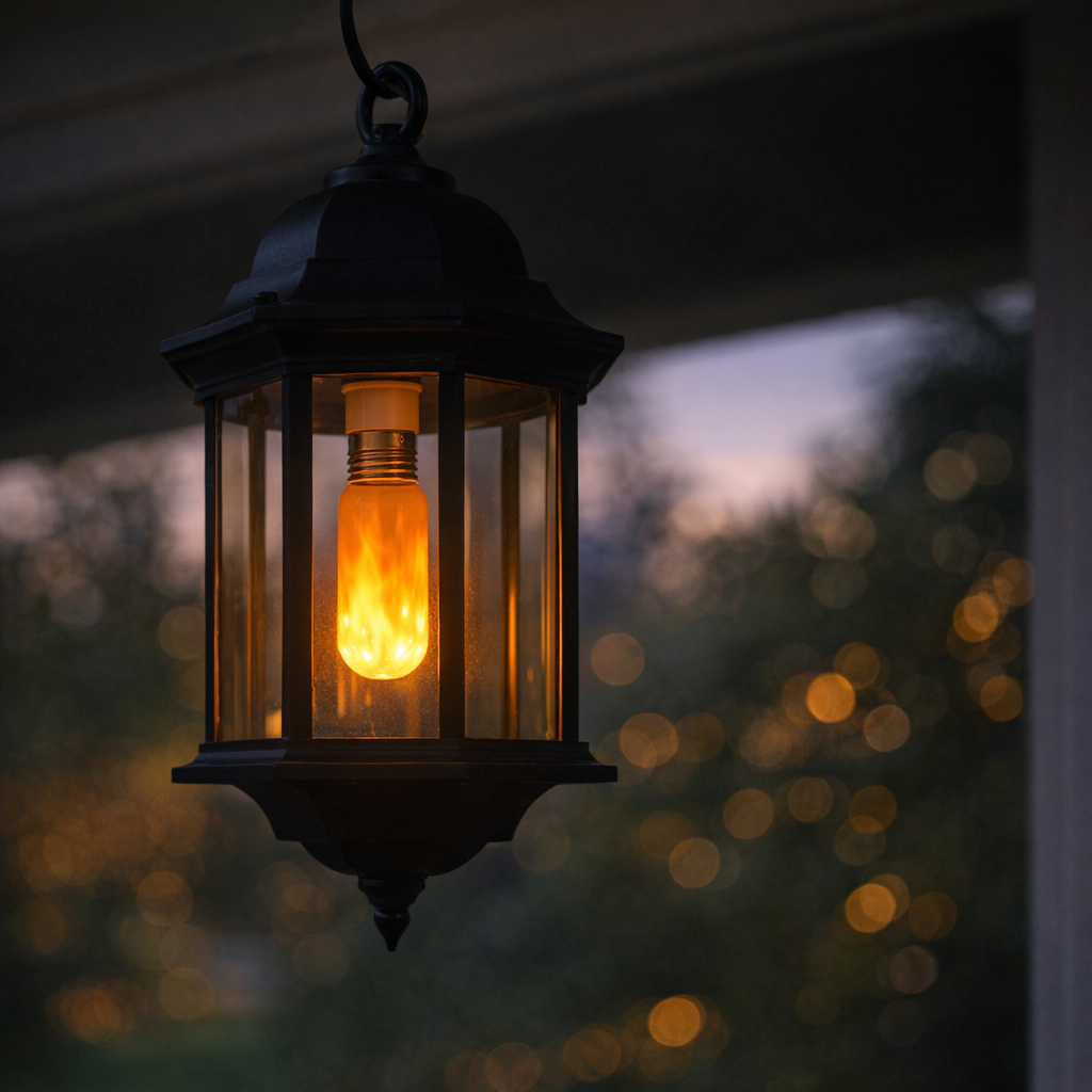 led flame bulb set the perfect mood in outdoor lantern at dusk