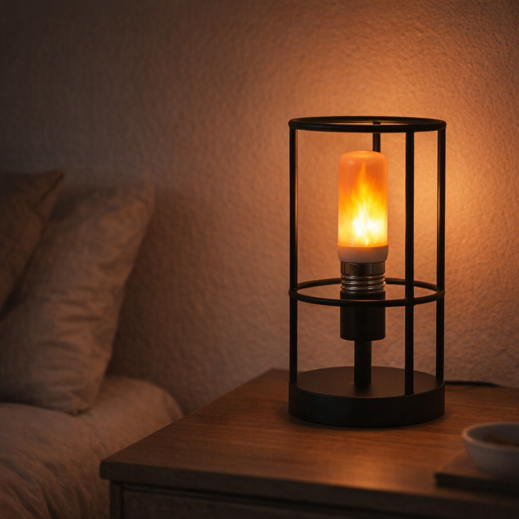 light flame bulb creating warm flickering ambiance in bedside table lamp