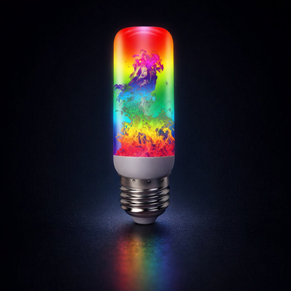 multicolor led flame lamp bulb with rainbow flickering effect on dark background