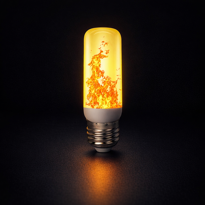 yellow light flame bulb with warm flickering flame effect on dark background