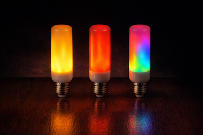 led flame bulb three color variants yellow red multicolor on dark wood