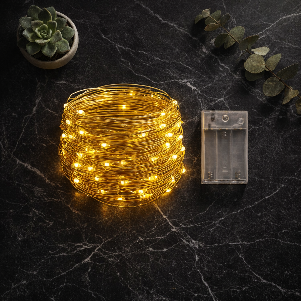 fairy lights for bedroom flat lay on dark marble with battery pack eucalyptus and succulent