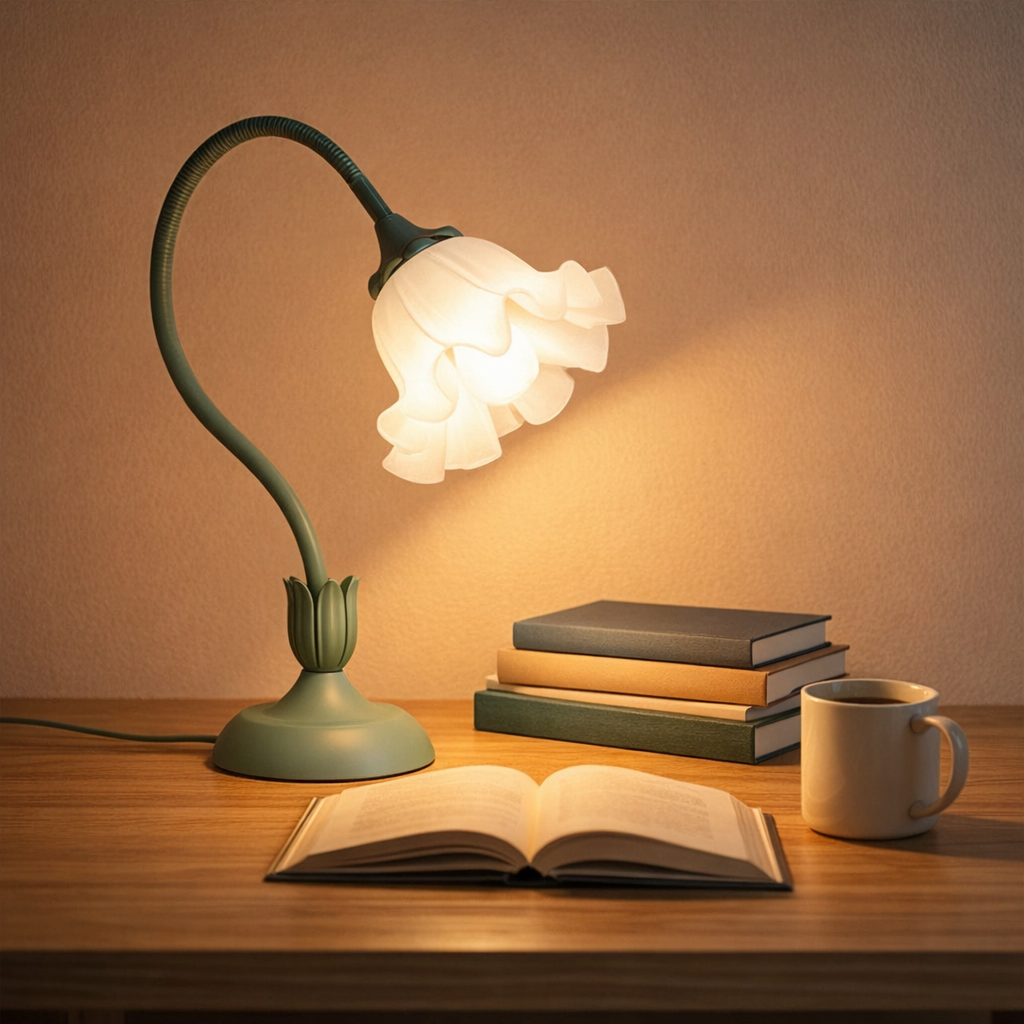 Gold flower lamp with flexible gooseneck bent to illuminate books on desk