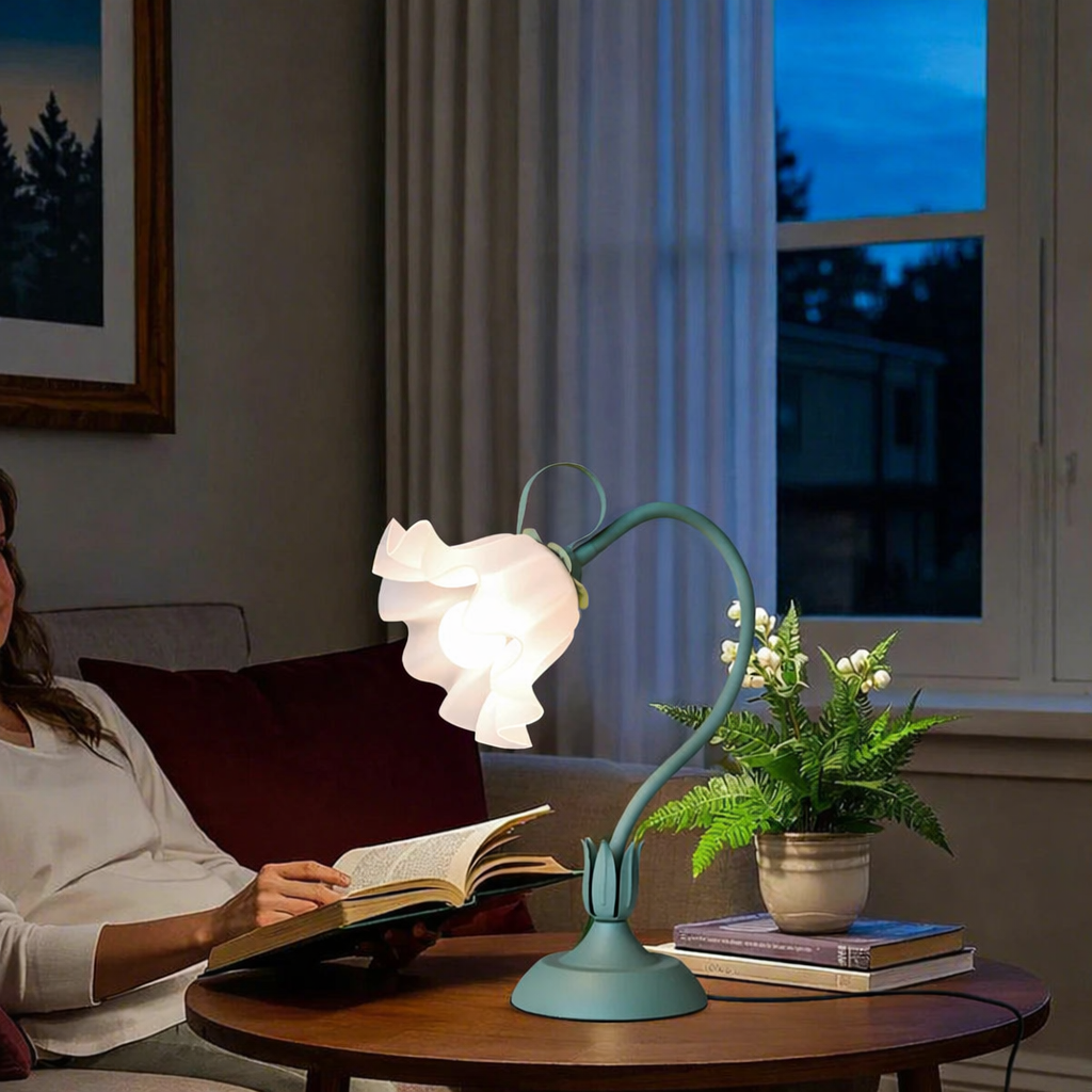 Flower pot lamp providing comfortable reading light on a sofa side table