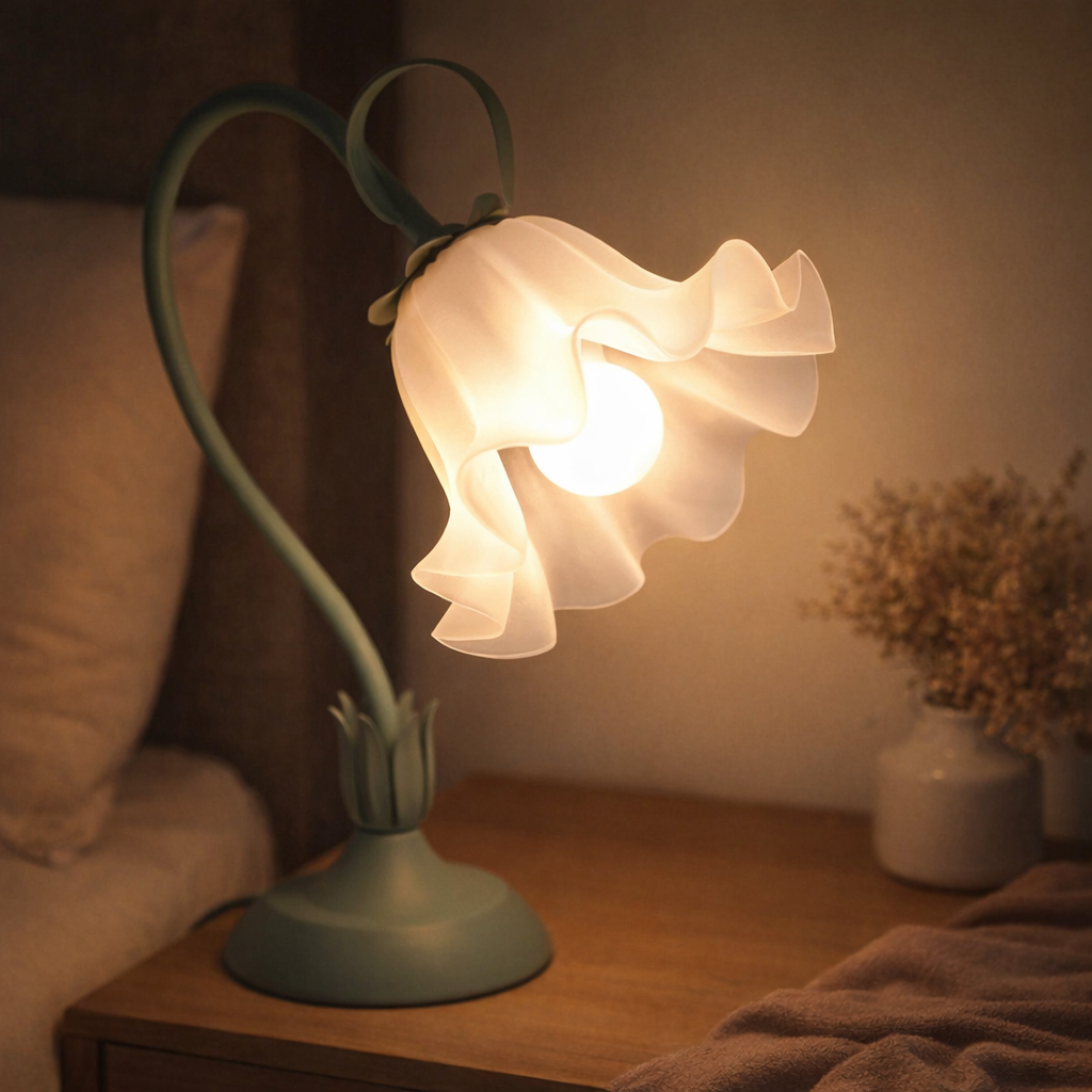 Flower table lamp frosted glass petal shade glowing warm on nightstand