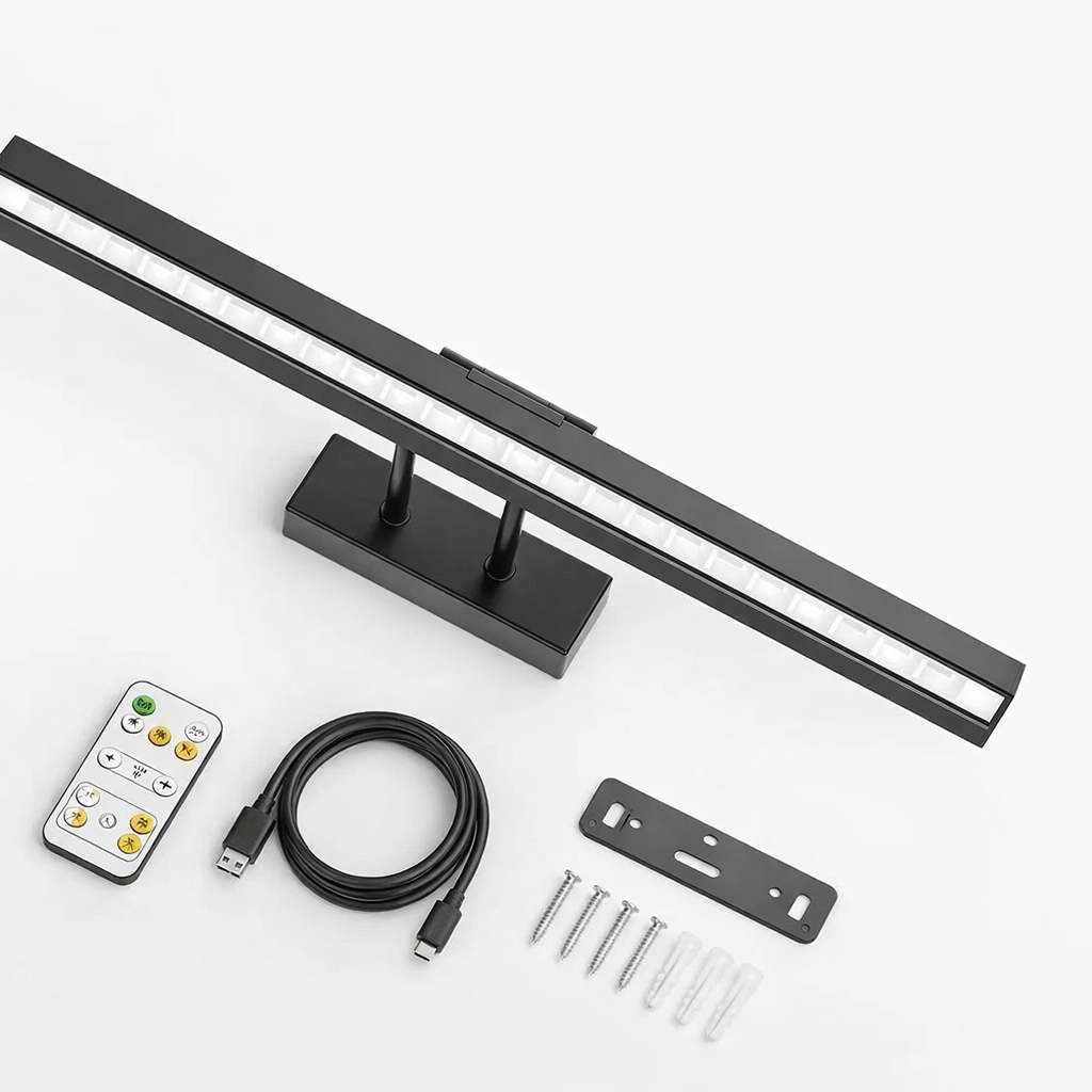 cordless picture light flat lay with remote control USB-C cable and mounting hardware