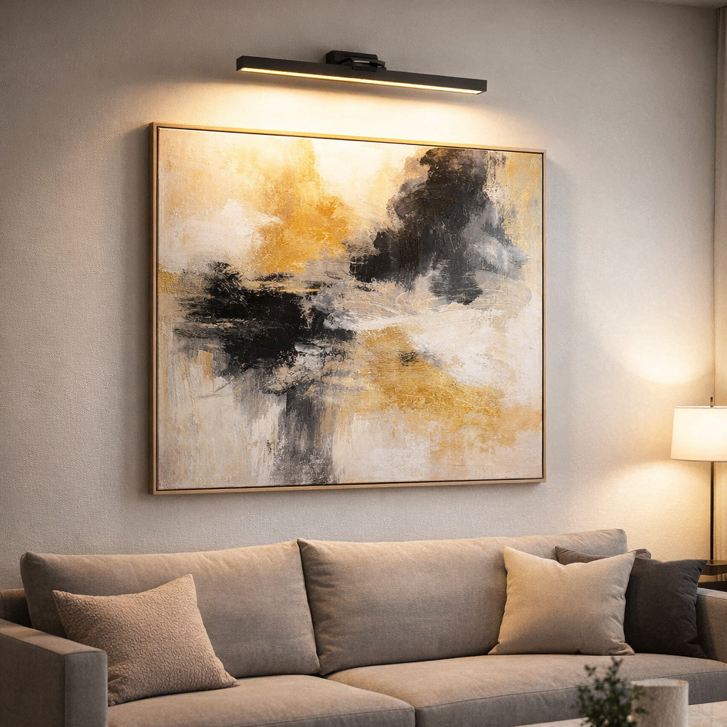 picture light illuminating abstract artwork in modern living room