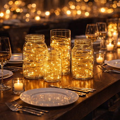 fairy string lights in glass mason jars as elegant dining table centerpieces