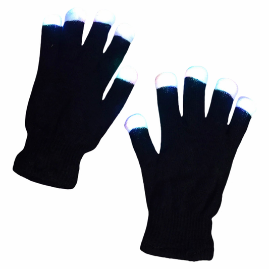 gloving gloves with bright LED fingertip lights on white background