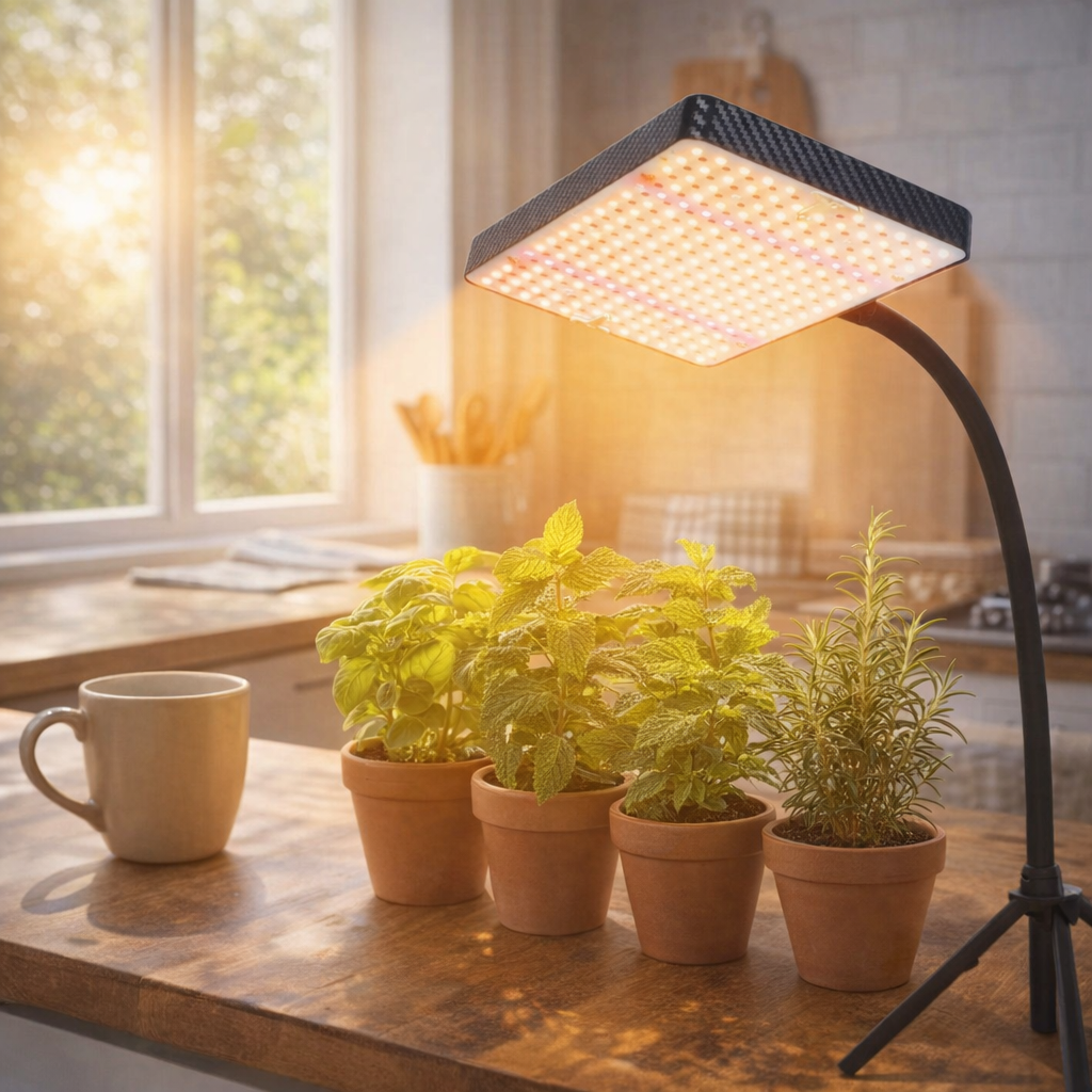 full spectrum grow lights for kitchen herbs on wooden counter with basil and mint