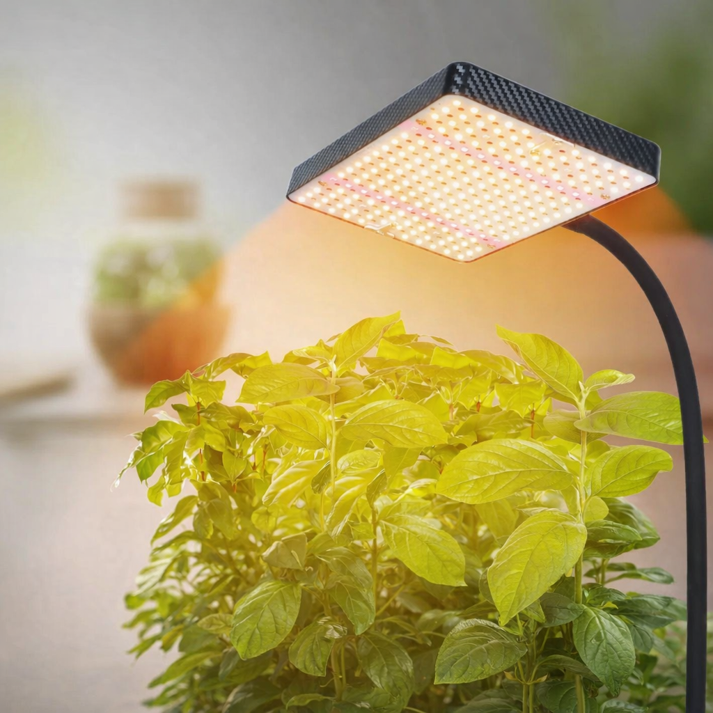 full spectrum led grow lights close up showing 208 LEDs illuminating indoor plants