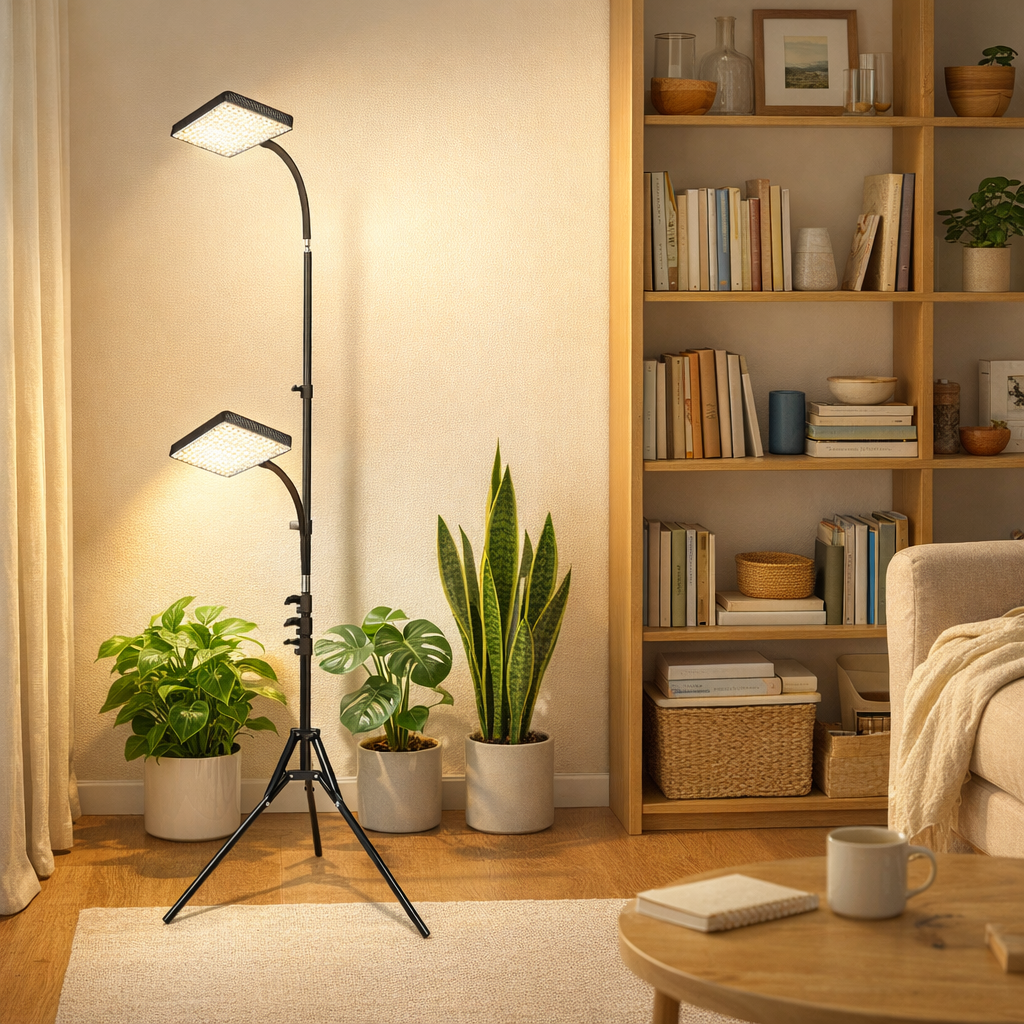led grow lights for indoor plants in living room with houseplants on bookshelf
