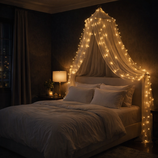 fairy lights battery operated draped over white bed canopy in dark bedroom with warm golden glow
