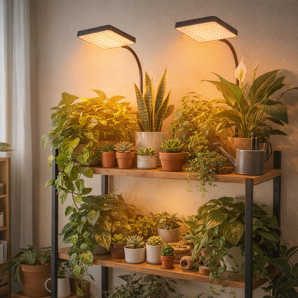 two grow lights on plant shelf in home