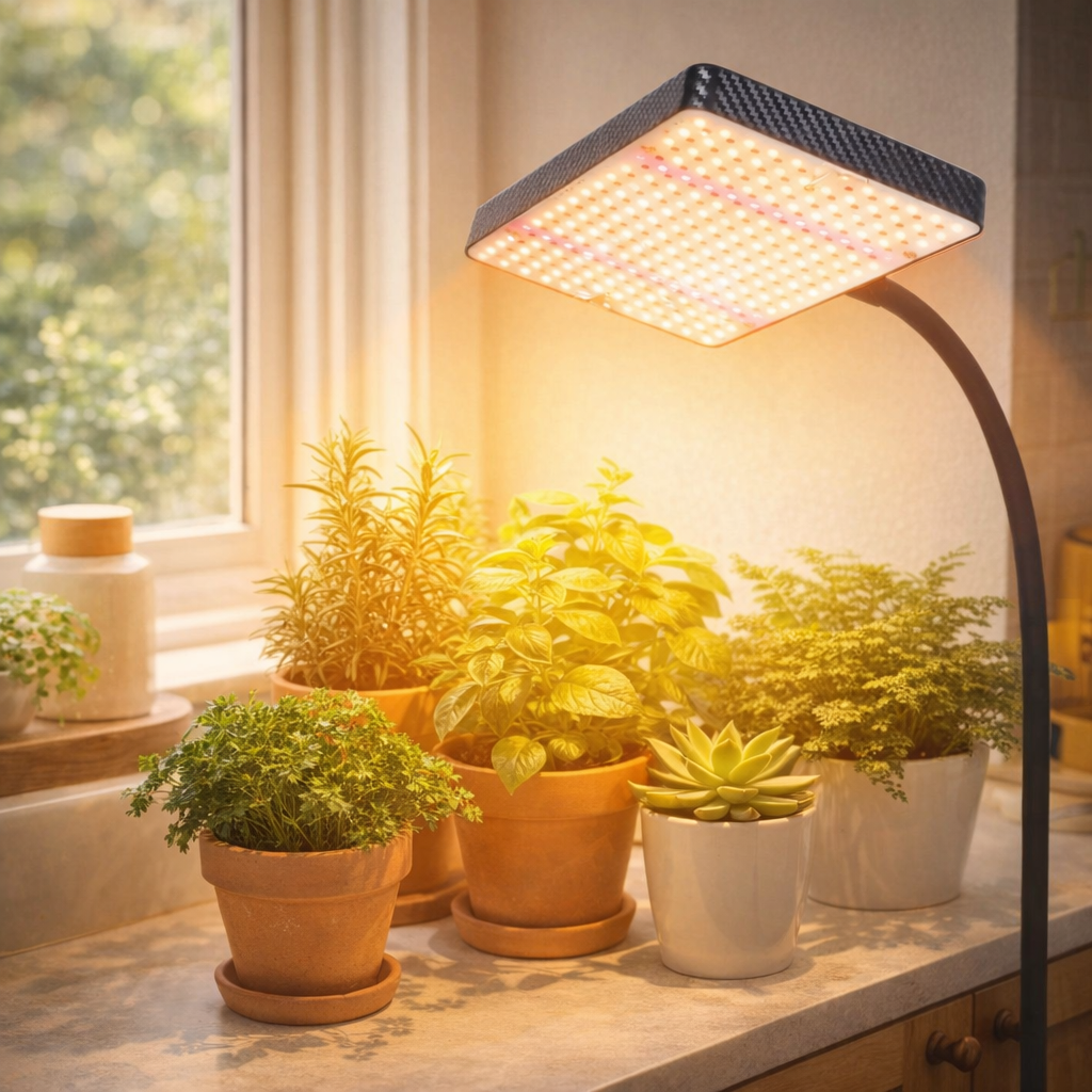 grow light warming houseplants on windowsill