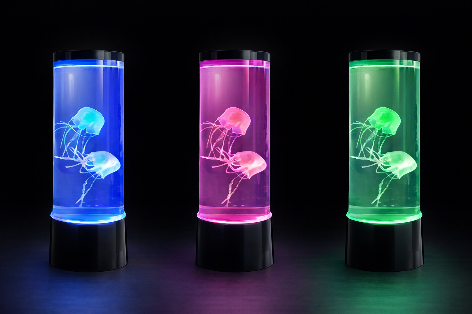 led jellyfish lamp showing blue pink and green color modes side by side