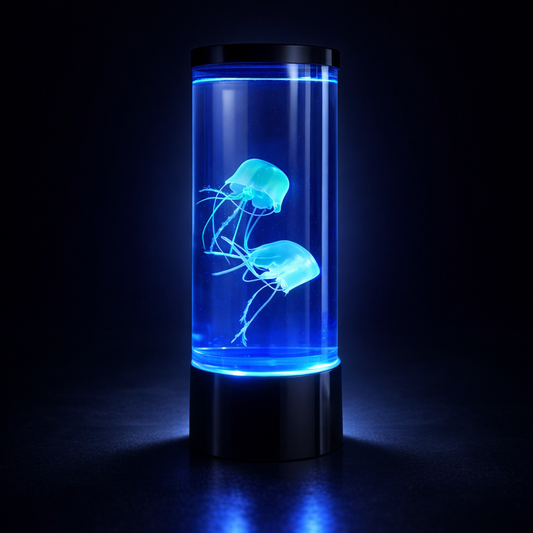 jellyfish light glowing blue on dark surface dramatic product photography