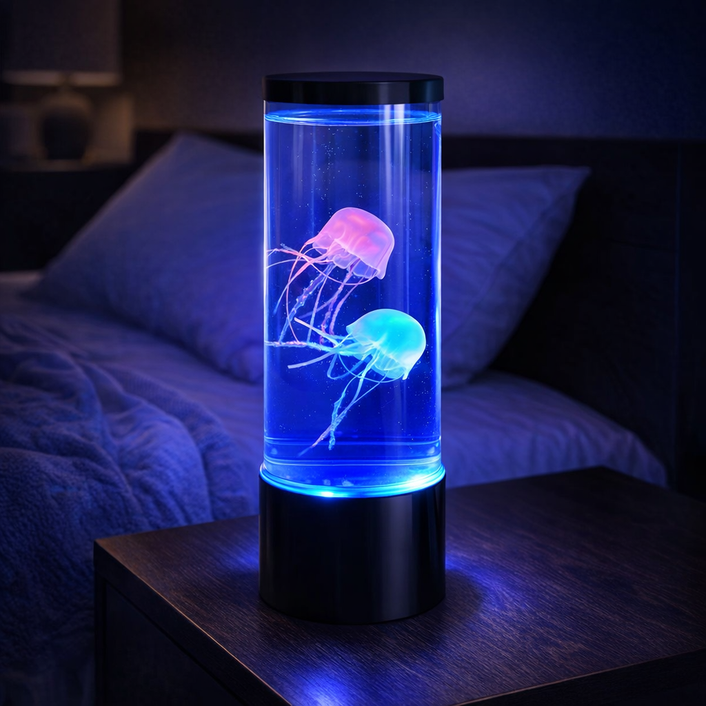 jellyfish night light on nightstand casting soft blue ambient glow in bedroom